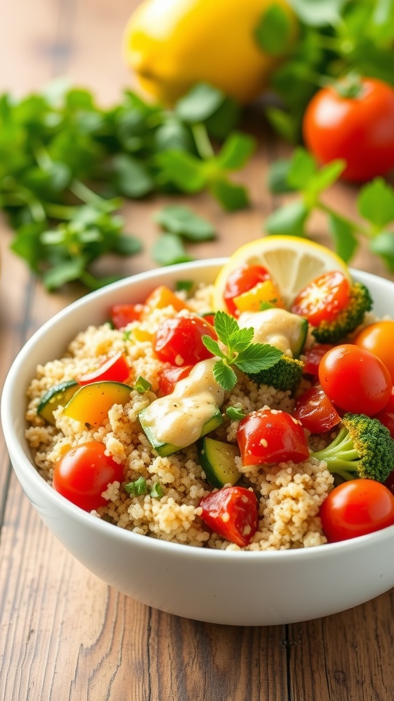 A nourishing quinoa bowl with roasted vegetables and herbs on a rustic wooden table.